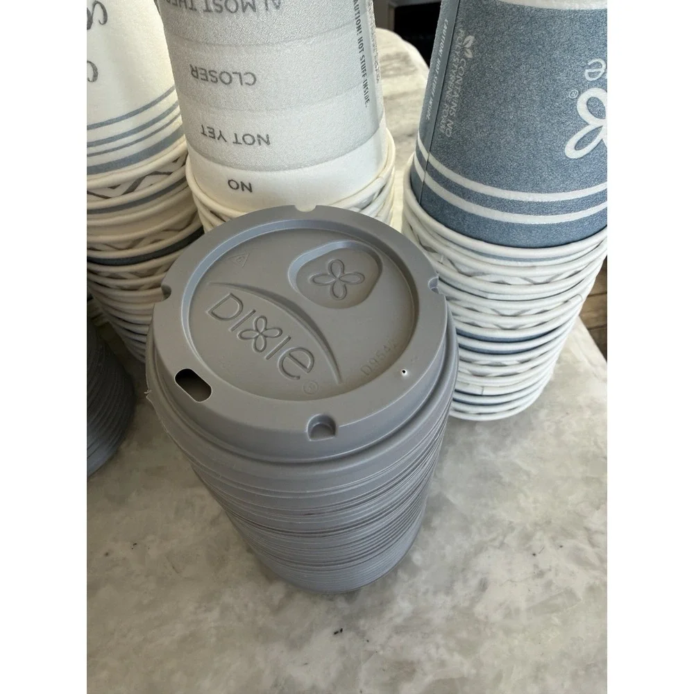 Opened Dixie To Go 59 insulated Disposable Coffee Cups 12 oz & Lids variety pack